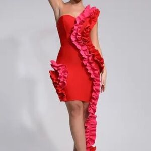 One Shoulder Bodycon Red and Pink Ruffle Dress